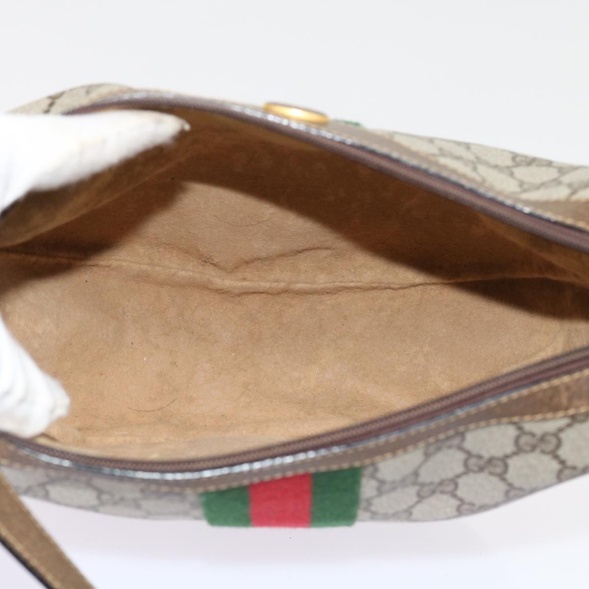 GUCCI GG Canvas Web Sherry Line Shoulder Bag PVC Leather Beige Green Auth th4066