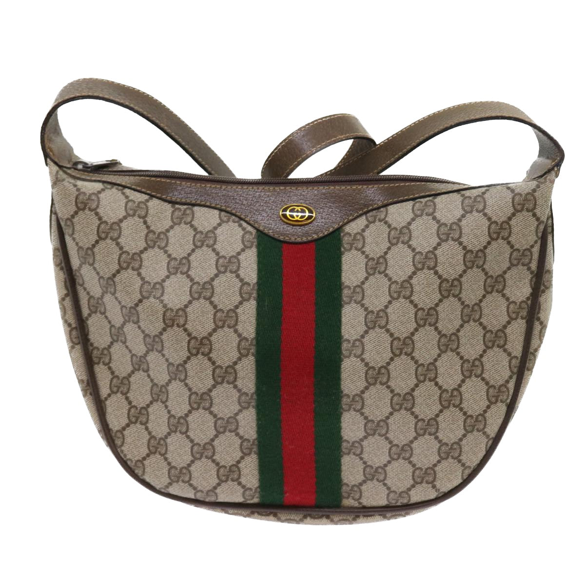 GUCCI GG Canvas Web Sherry Line Shoulder Bag PVC Leather Beige Green Auth th4066