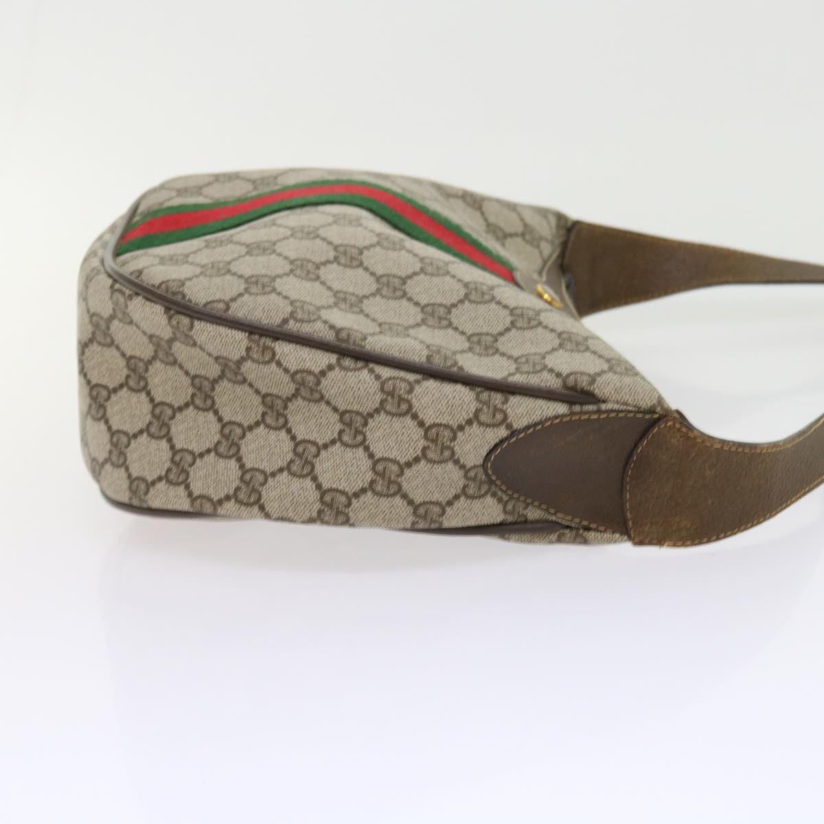 GUCCI GG Canvas Web Sherry Line Shoulder Bag PVC Leather Beige Green Auth th4066