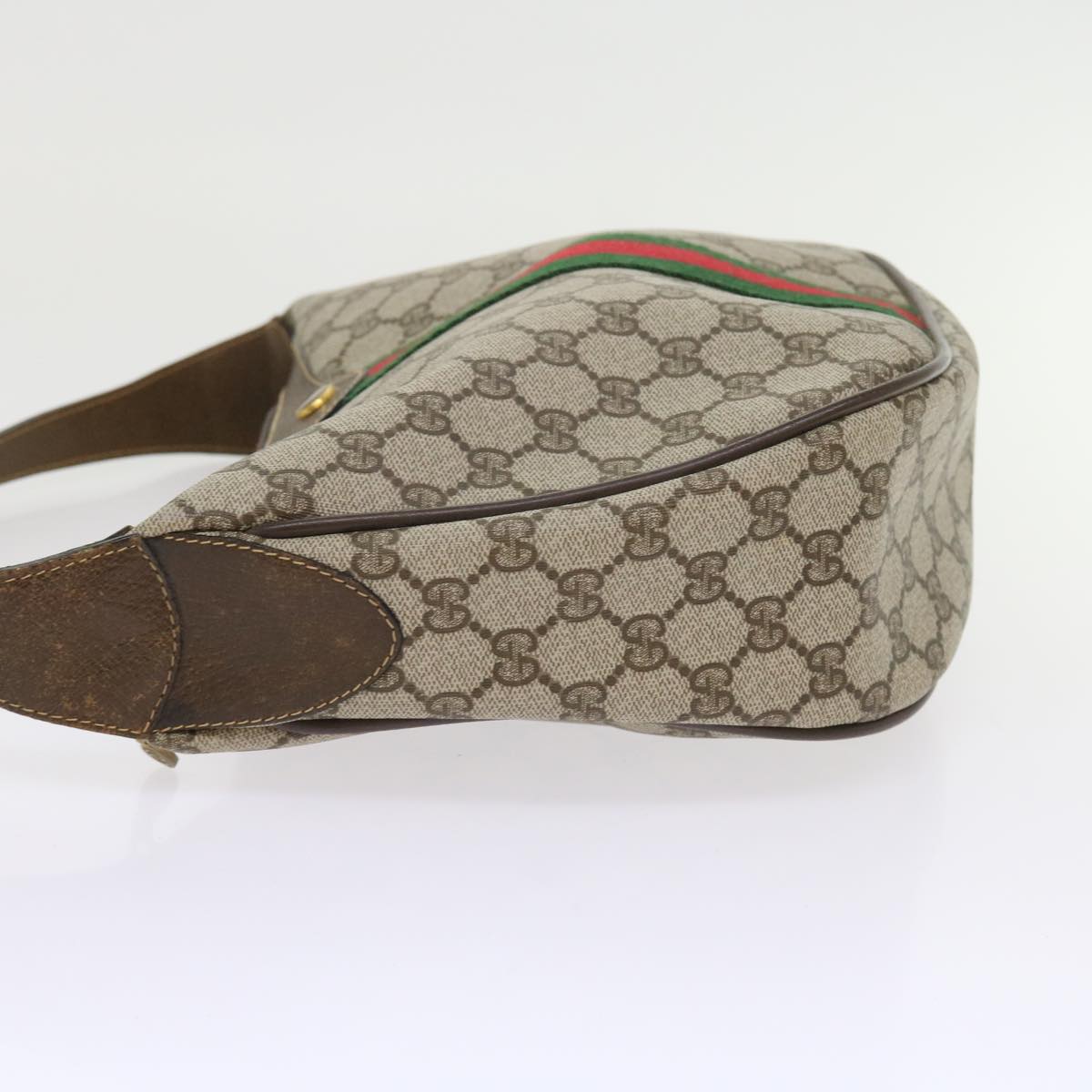 GUCCI GG Canvas Web Sherry Line Shoulder Bag PVC Leather Beige Green Auth th4066