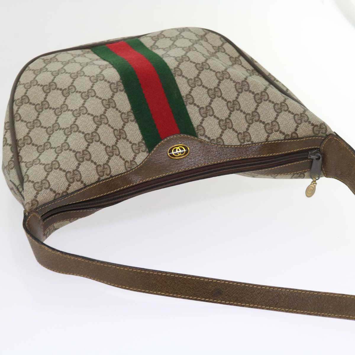 GUCCI GG Canvas Web Sherry Line Shoulder Bag PVC Leather Beige Green Auth th4066