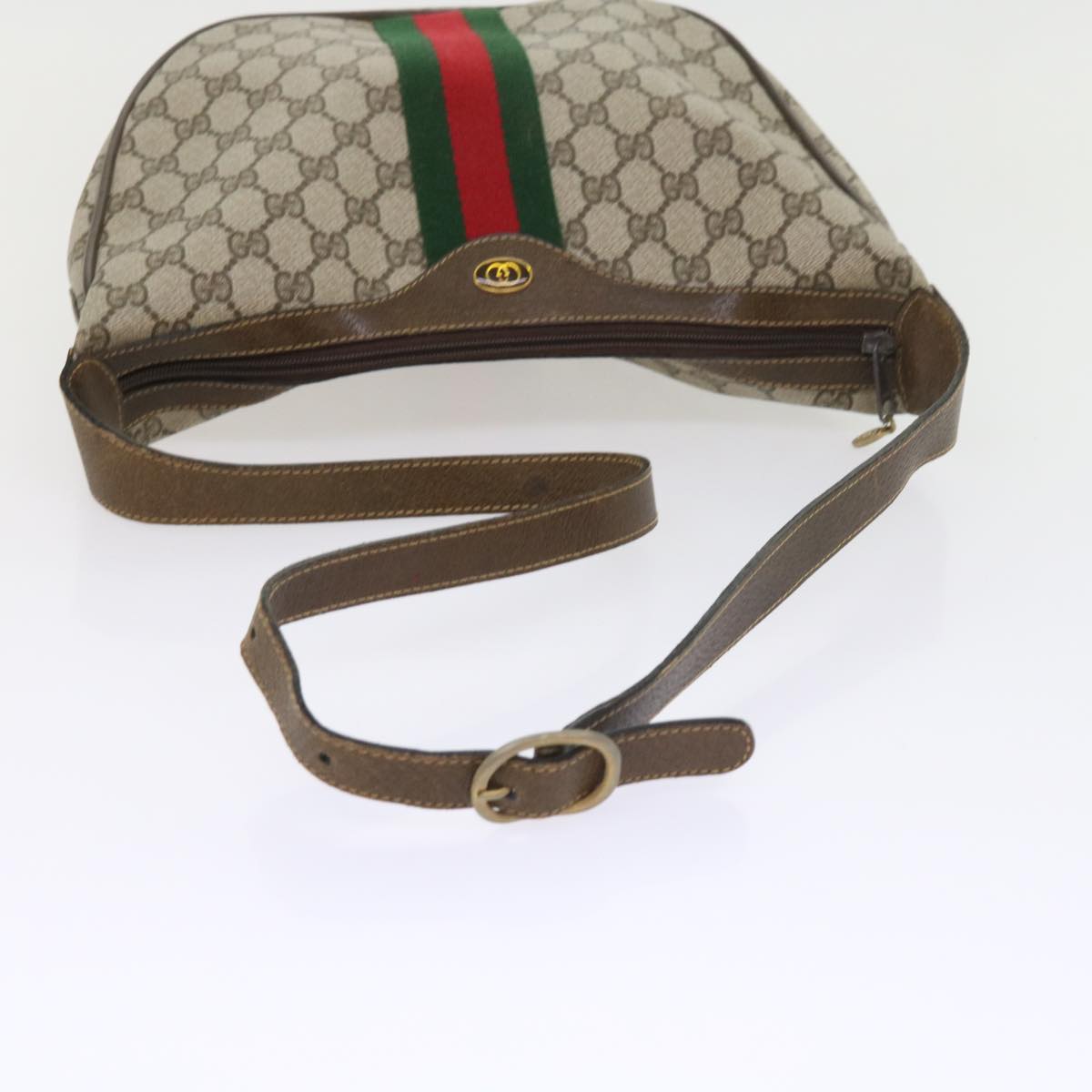 GUCCI GG Canvas Web Sherry Line Shoulder Bag PVC Leather Beige Green Auth th4066