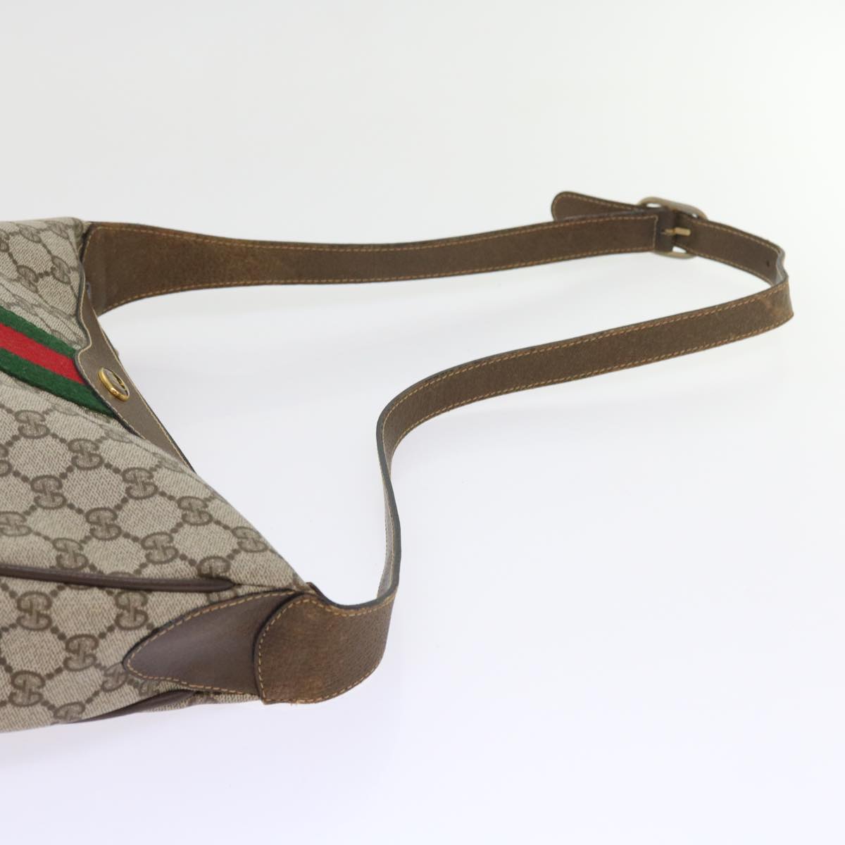 GUCCI GG Canvas Web Sherry Line Shoulder Bag PVC Leather Beige Green Auth th4066