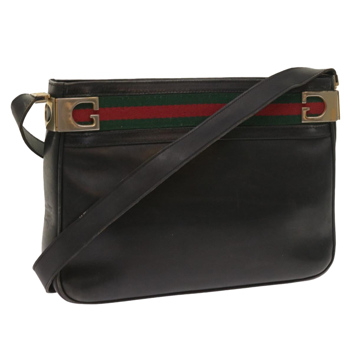 GUCCI Web Sherry Line Shoulder Bag Leather Black Red Green Auth th4083