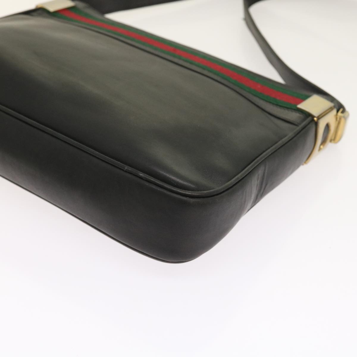 GUCCI Web Sherry Line Shoulder Bag Leather Black Red Green Auth th4083