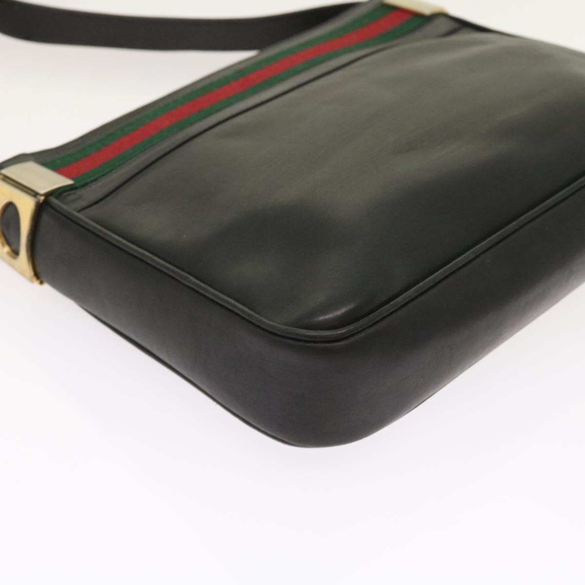 GUCCI Web Sherry Line Shoulder Bag Leather Black Red Green Auth th4083