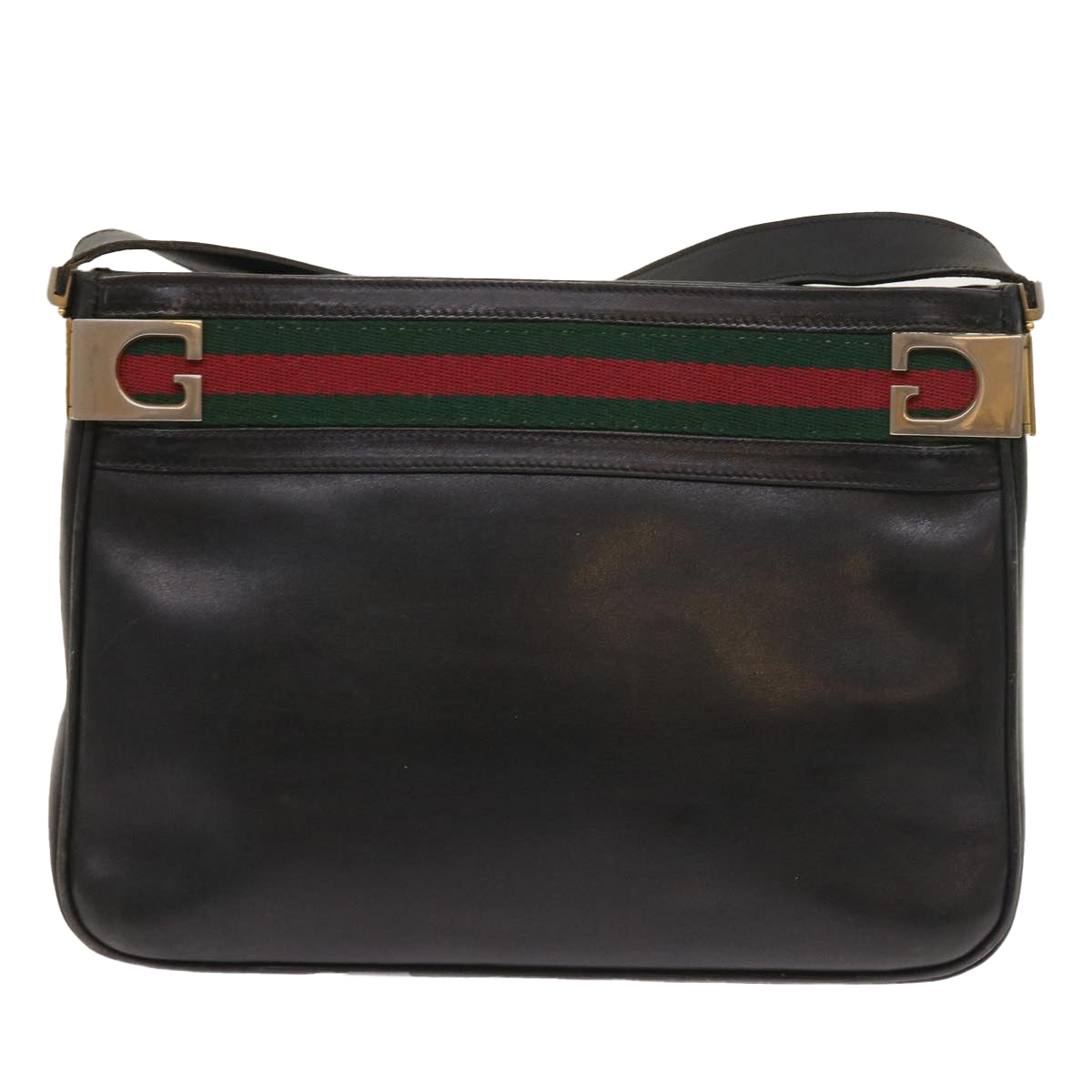 GUCCI Web Sherry Line Shoulder Bag Leather Black Red Green Auth th4083 - 0