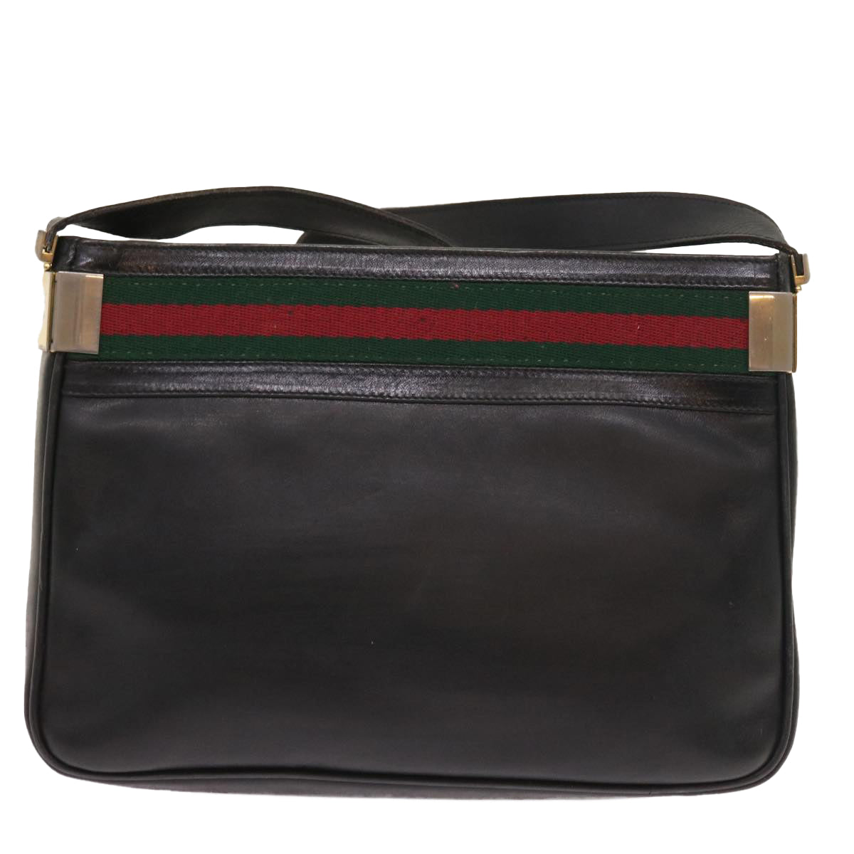 GUCCI Web Sherry Line Shoulder Bag Leather Black Red Green Auth th4083