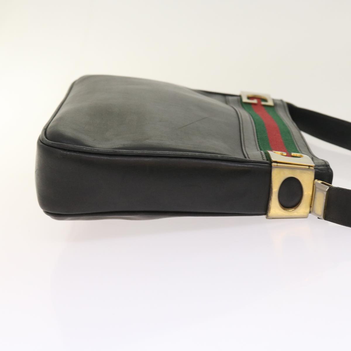 GUCCI Web Sherry Line Shoulder Bag Leather Black Red Green Auth th4083