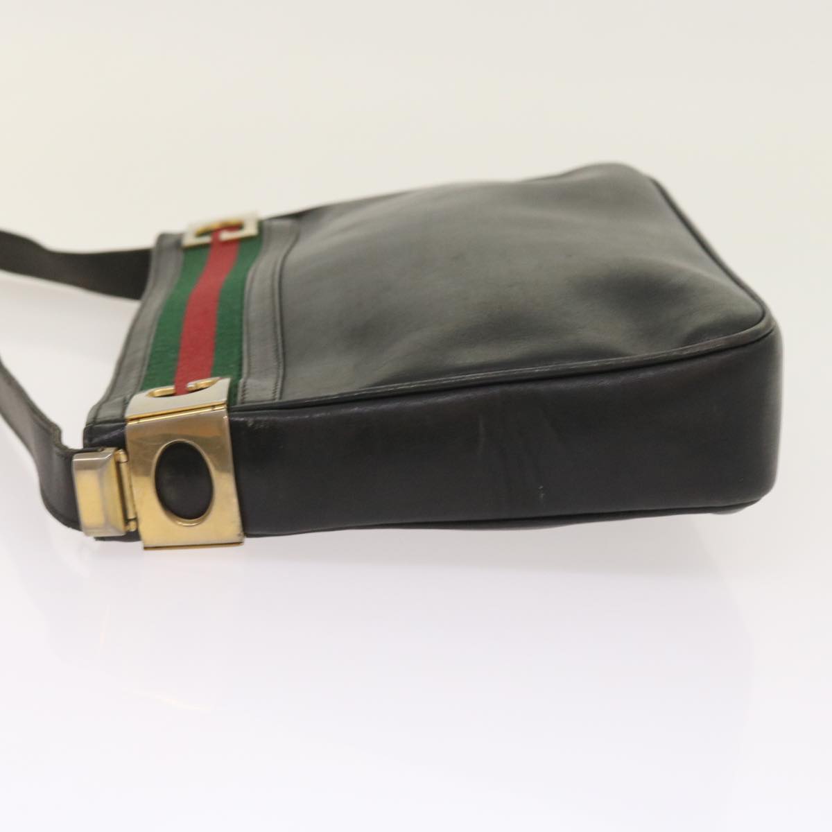 GUCCI Web Sherry Line Shoulder Bag Leather Black Red Green Auth th4083