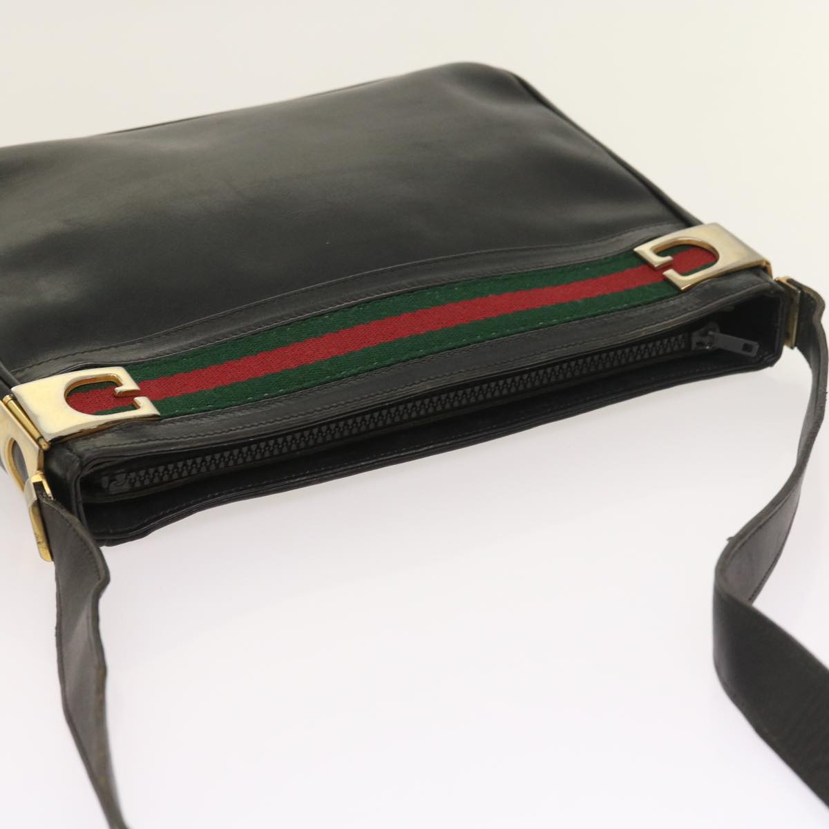 GUCCI Web Sherry Line Shoulder Bag Leather Black Red Green Auth th4083