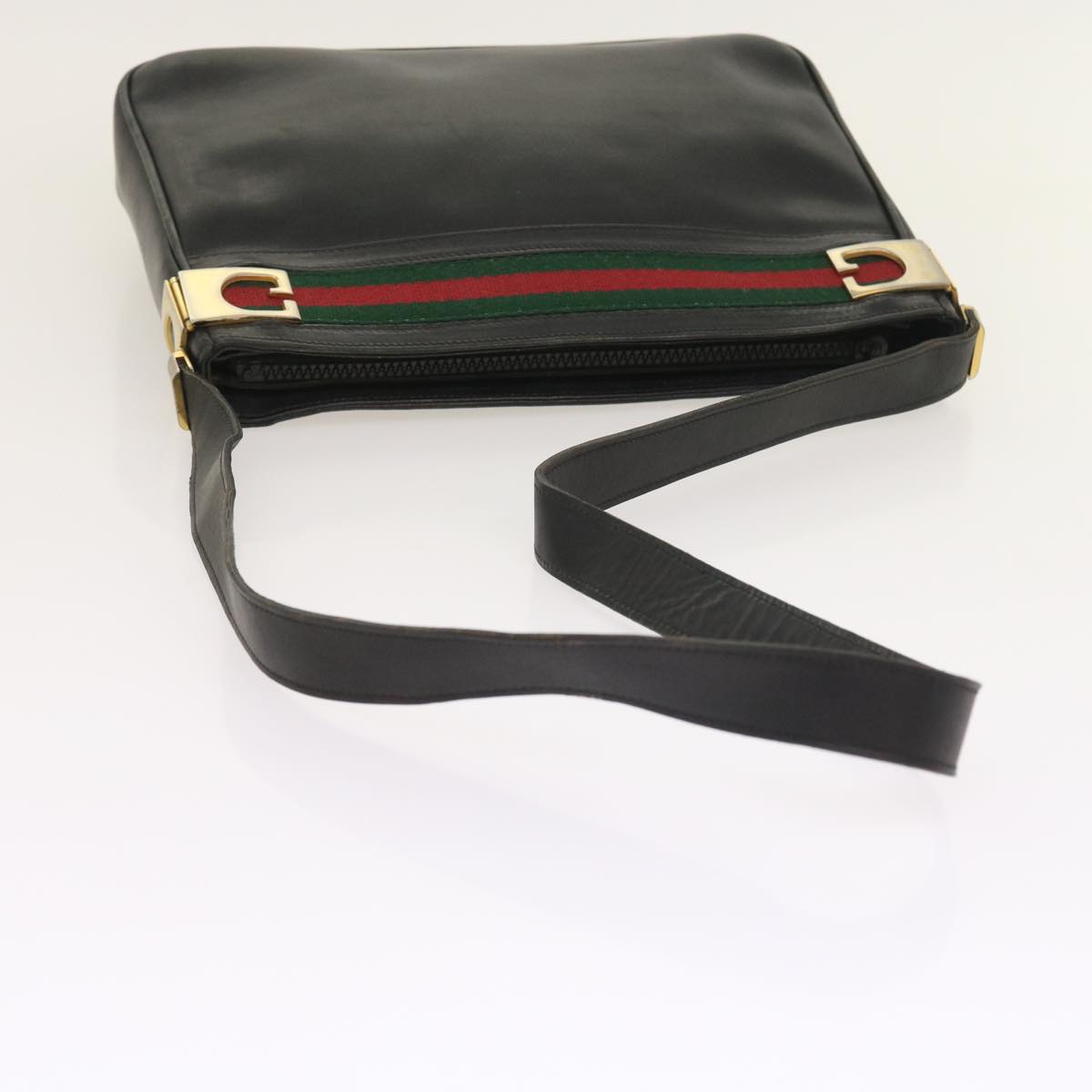 GUCCI Web Sherry Line Shoulder Bag Leather Black Red Green Auth th4083