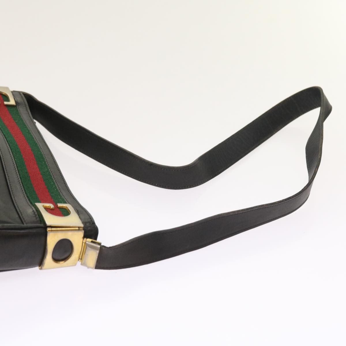 GUCCI Web Sherry Line Shoulder Bag Leather Black Red Green Auth th4083