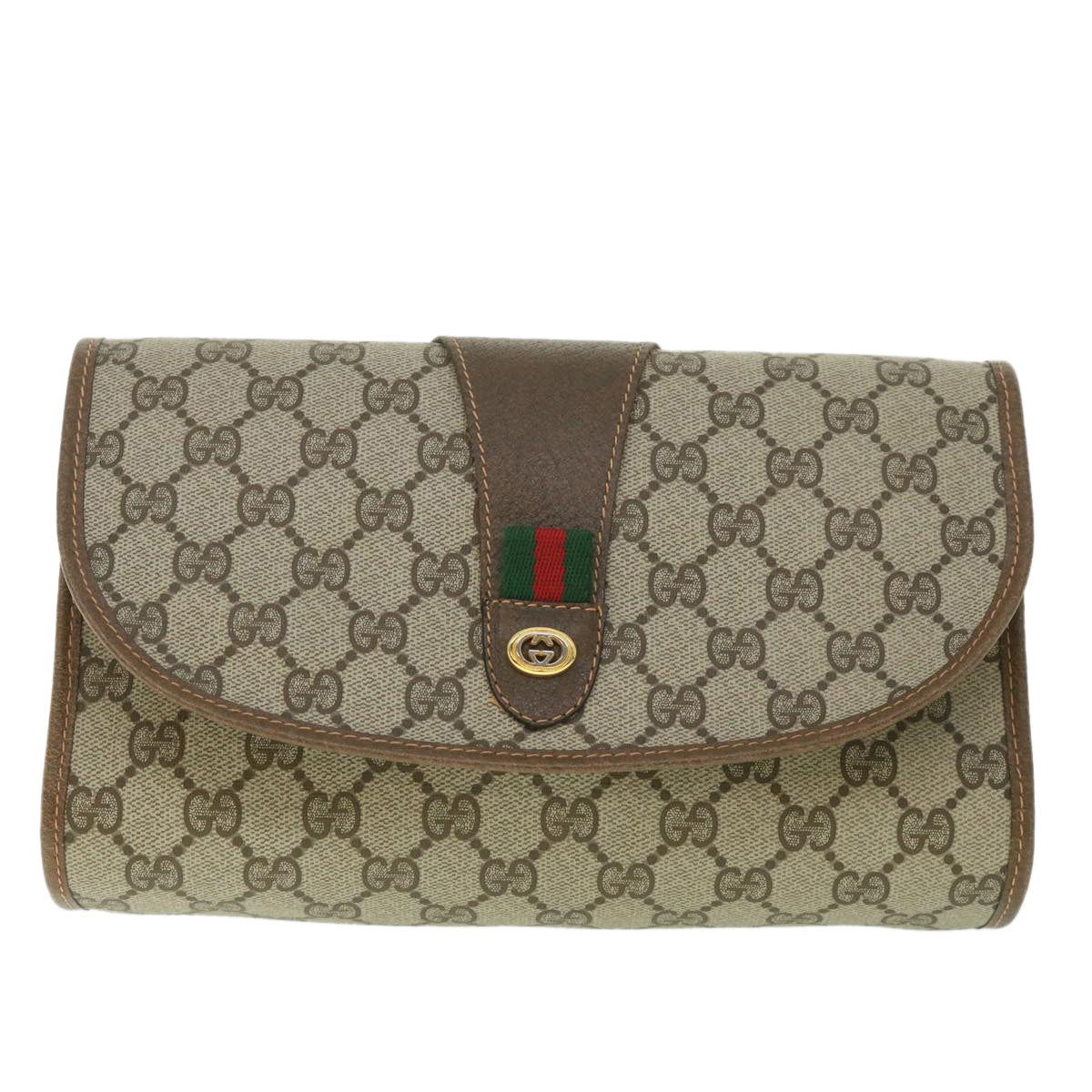 GUCCI GG Supreme Web Sherry Line Clutch Bag Beige Red 156 01 030 Auth th4102 - 0