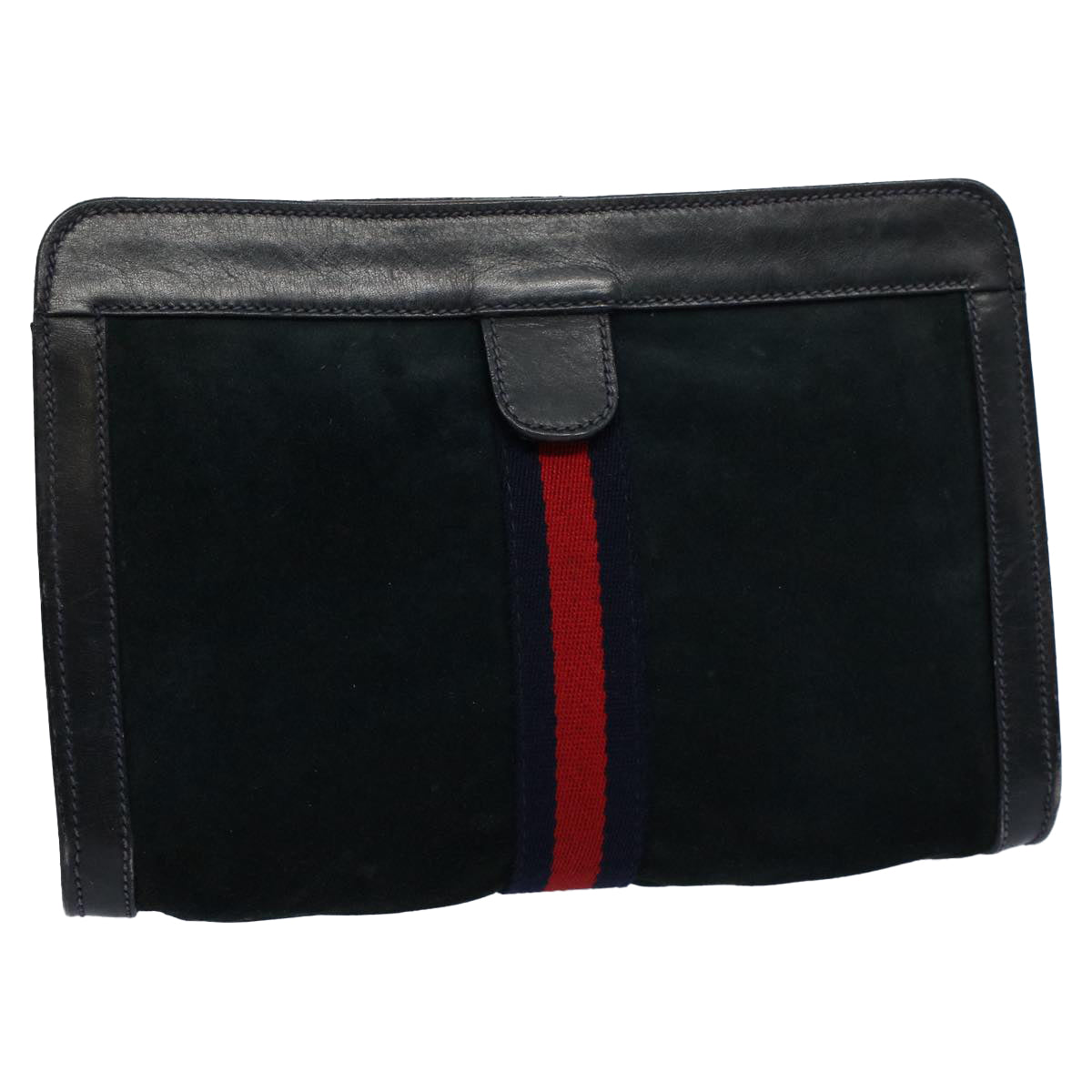 GUCCI Sherry Line Clutch Bag Suede Black Red Navy Auth th4194