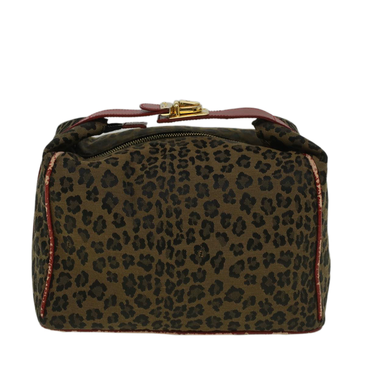 FENDI Leopard Hand Bag Nylon Brown Red Auth th4301