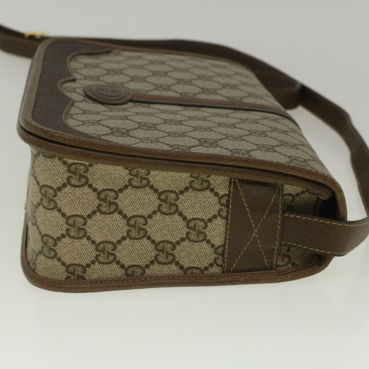 GUCCI GG Canvas Web Sherry Line Shoulder Bag PVC Leather Beige Green Auth th4302