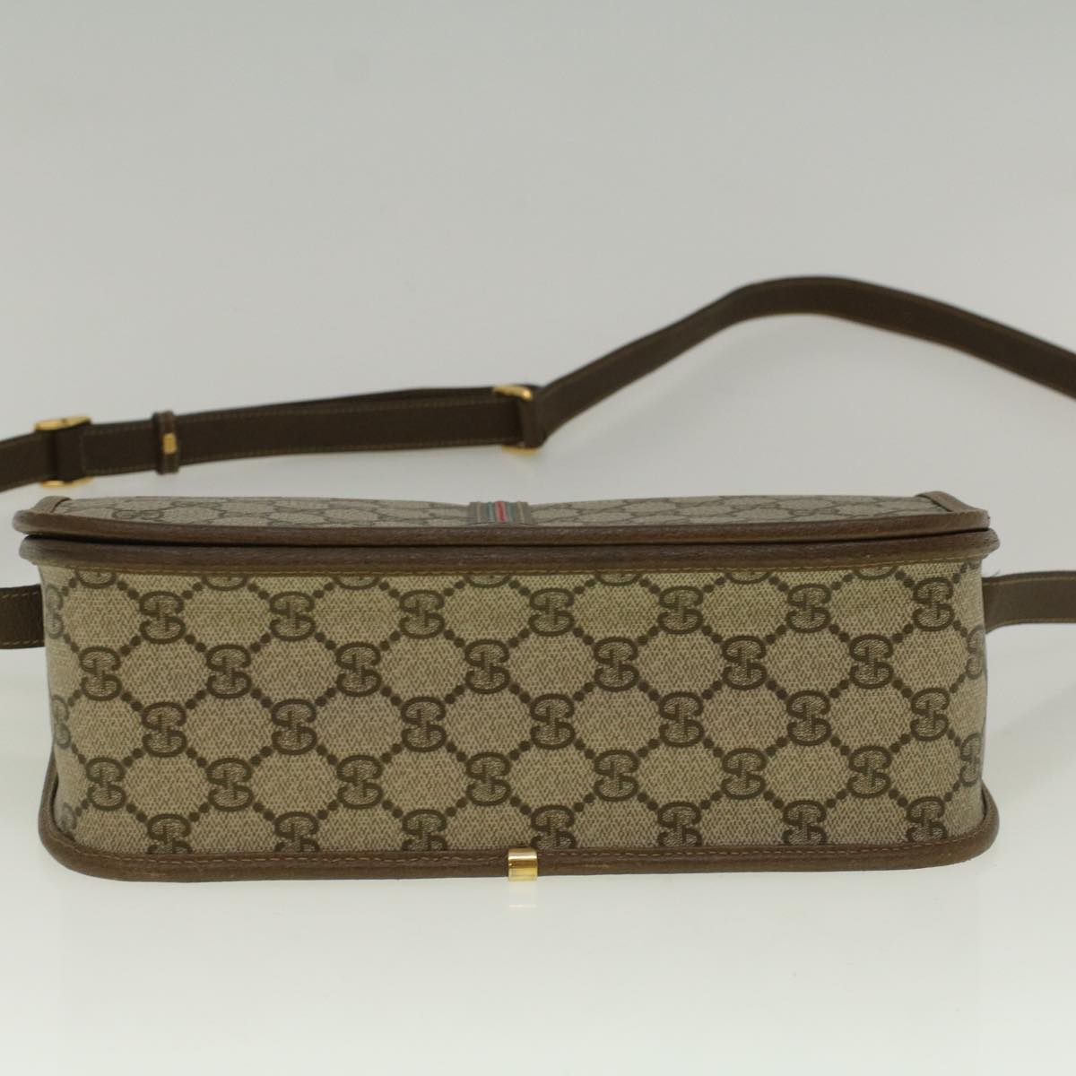 GUCCI GG Canvas Web Sherry Line Shoulder Bag PVC Leather Beige Green Auth th4302