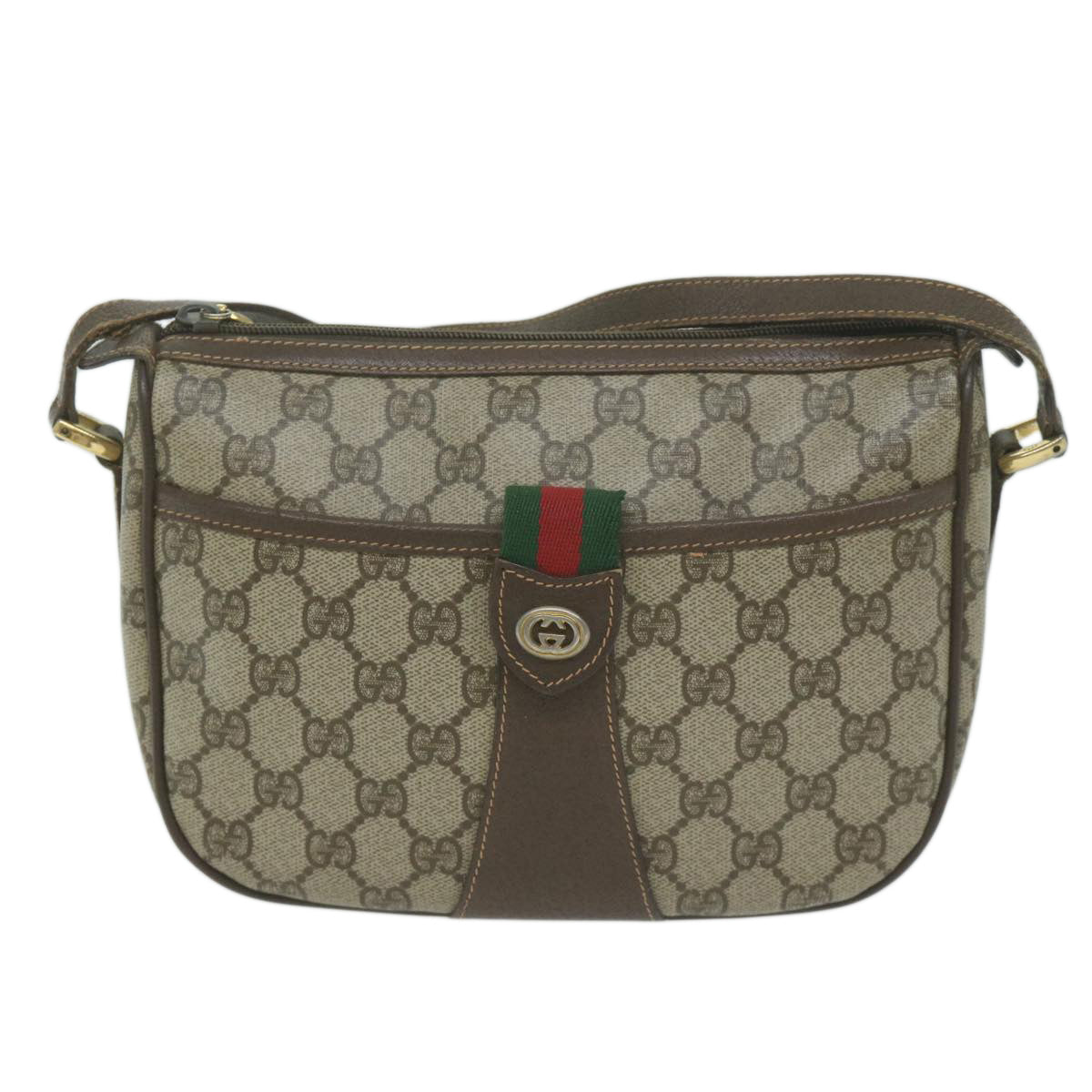 GUCCI GG Canvas Web Sherry Line Shoulder Bag PVC Beige Auth th4529