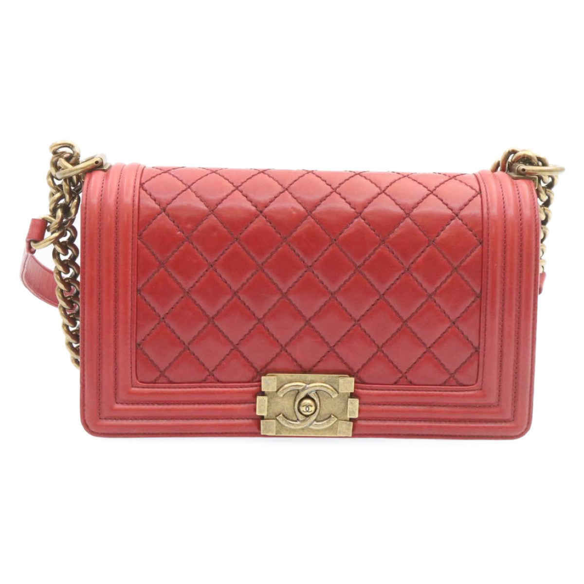 CHANEL Boy Chanel Matelasse Chain Flap Shoulder Bag Leather Red CC Auth knn010