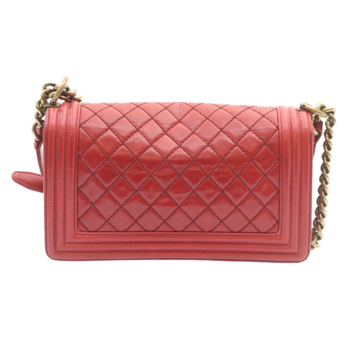 CHANEL Boy Chanel Matelasse Chain Flap Shoulder Bag Leather Red CC Auth knn010 - 0