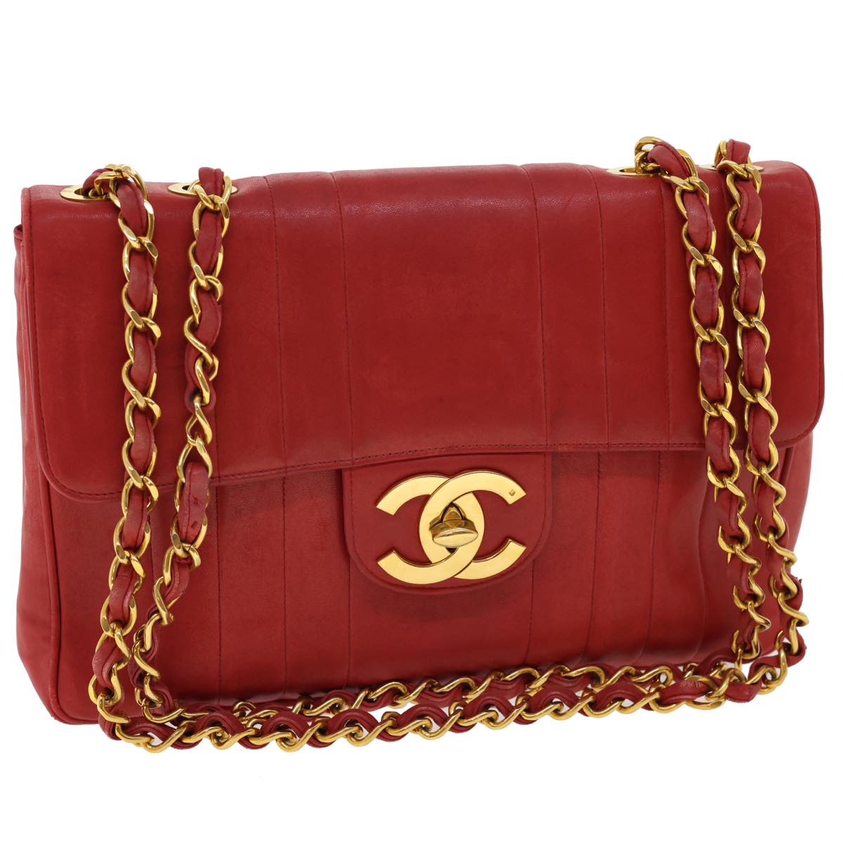 CHANEL Mademoiselle Big Coco Double Chain Shoulder Bag Lamb Skin Red Auth 29129A