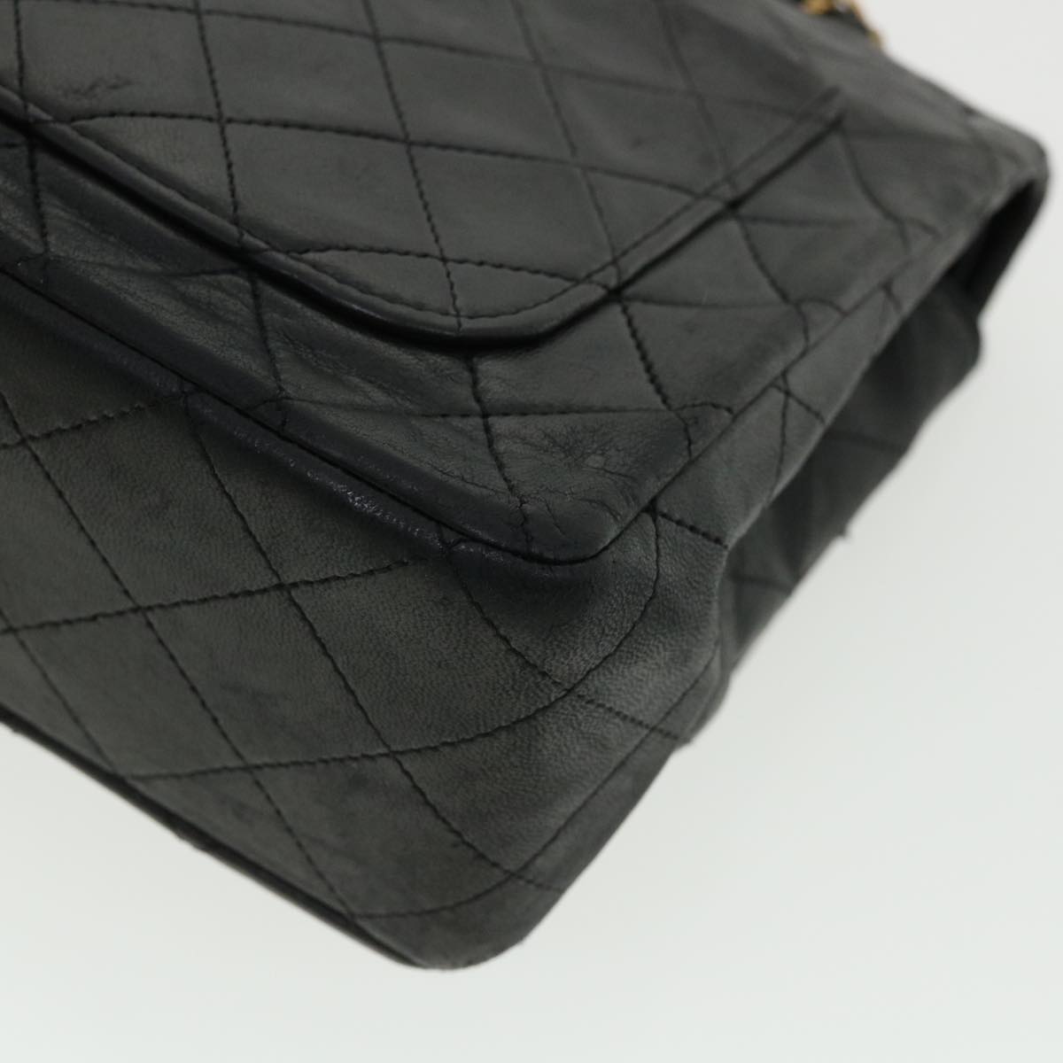 CHANEL Matelasse Double Chain Flap Shoulder Bag Lamb Skin Black CC Auth 24556A