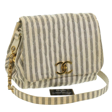 CHANEL Striped Matelasse Chain Shoulder Bag Canvas White Gray CC Auth bs3642