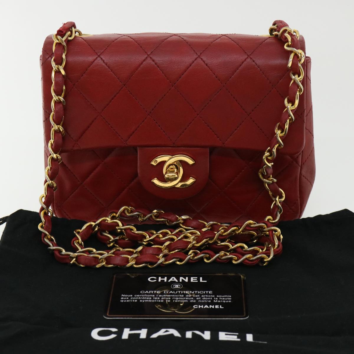 CHANEL Matelasse Chain Flap Shoulder Bag Lamb Skin Turn Lock Red CC Auth 28196A