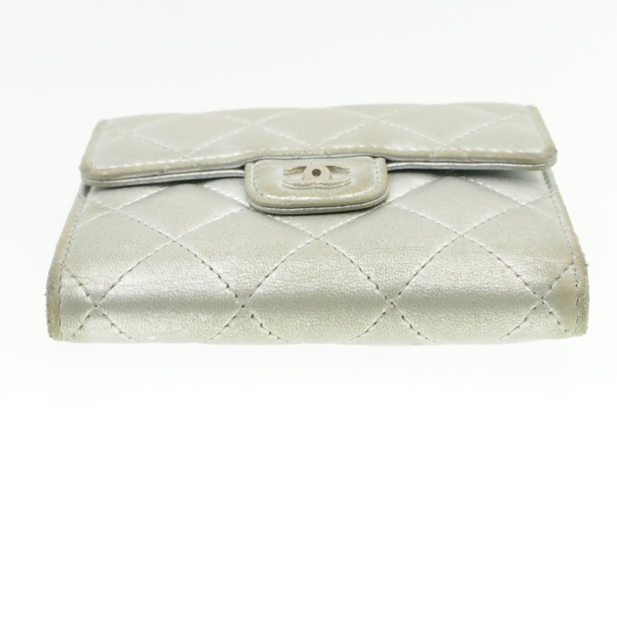 CHANEL Matelasse Bifold Wallet Silver CC Auth cr620