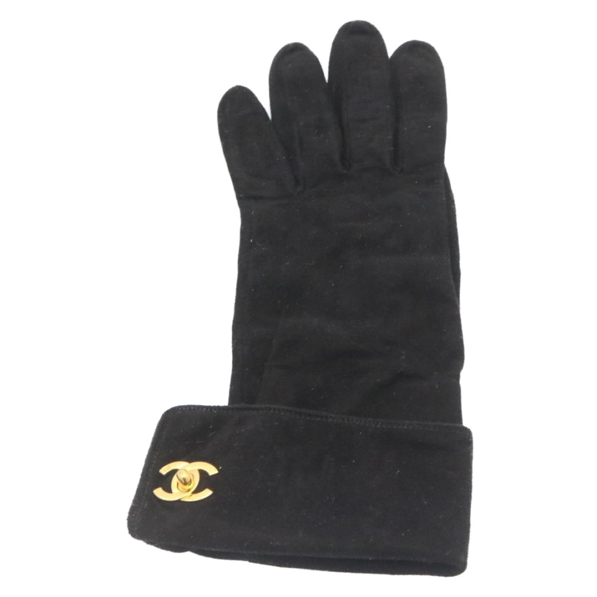 CHANEL COCO Mark Gloves Suede Black Gold CC Auth am2319sA - 0