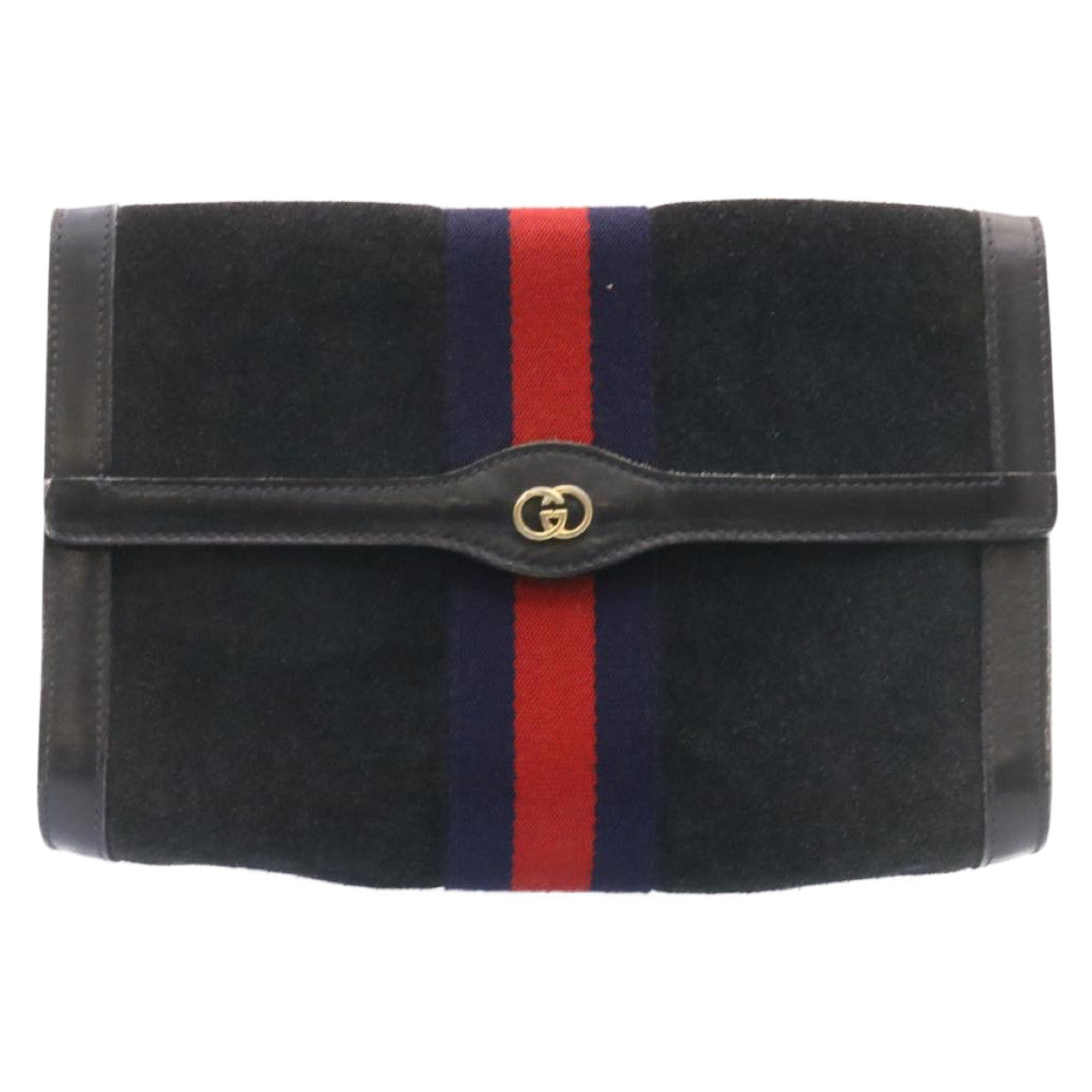 GUCCI Sherry Line Clutch Bag Suede Navy Red Auth am1160s