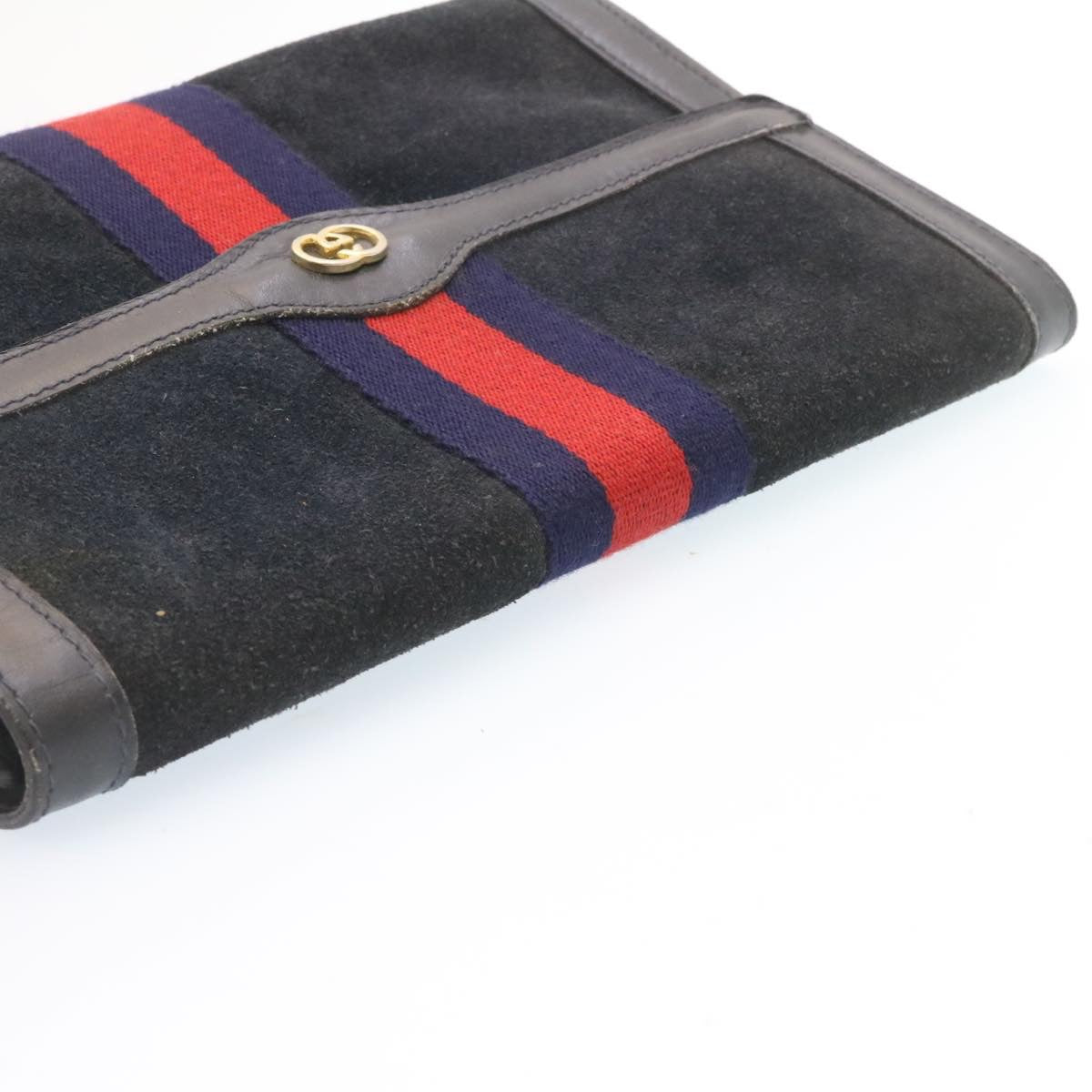 GUCCI Sherry Line Clutch Bag Suede Navy Red Auth am1160s