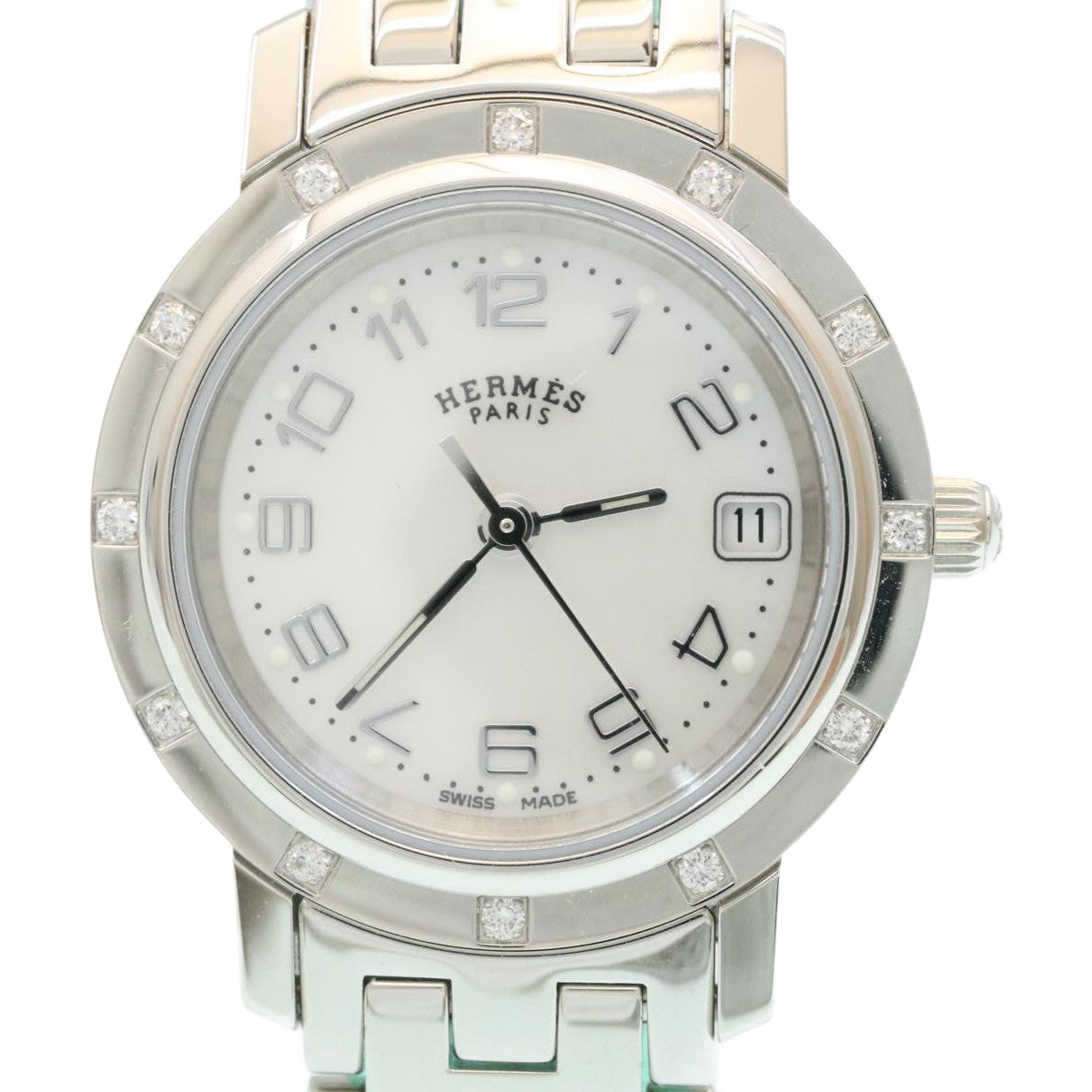 HERMES Watch 12 Diamond Stones Silver Tone Stainless Auth 18908A