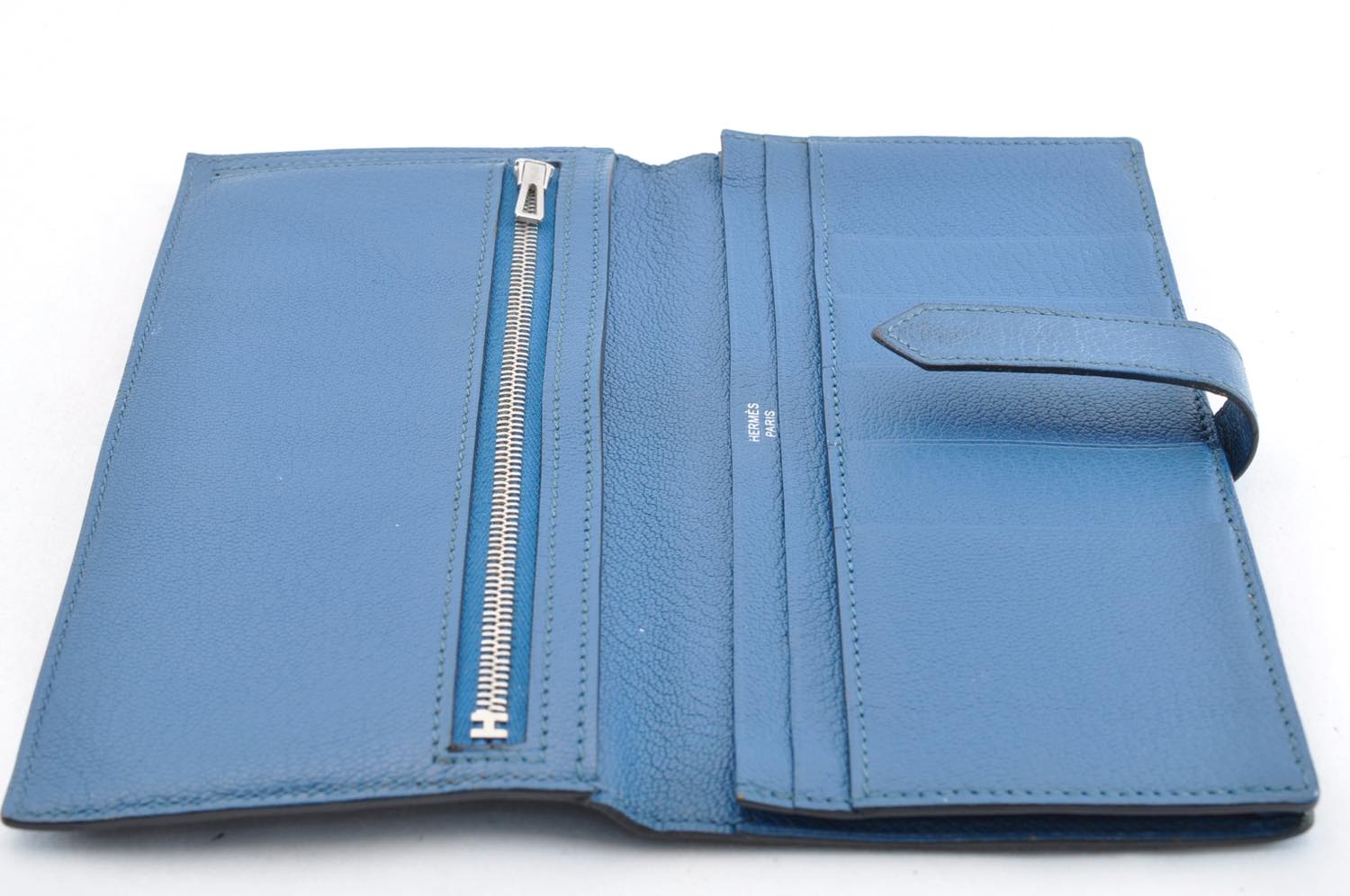 HERMES Bean Long Wallet Leather Blue Auth mt026