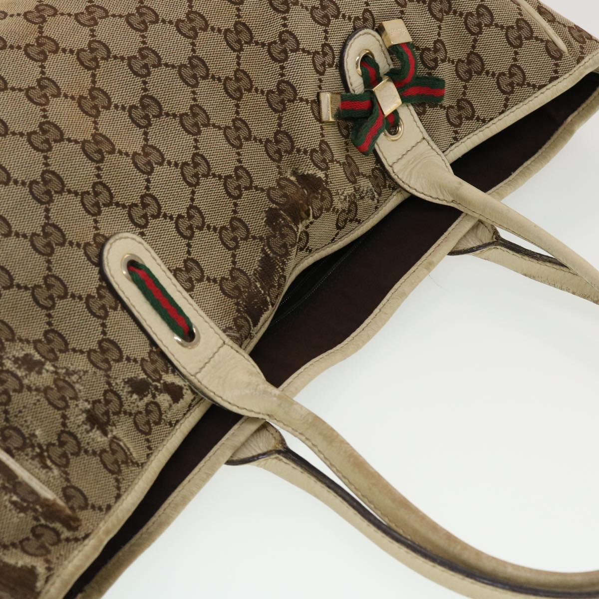 GUCCI GG Canvas Web Sherry Line Tote Bag Beige Green Red 163805 Auth ti1131