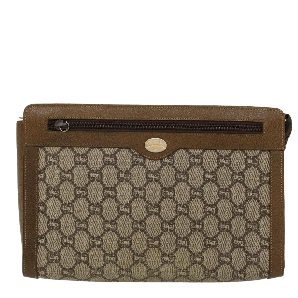 GUCCI GG PLUS Clutch Bag PVC Leather Beige Auth ti1141