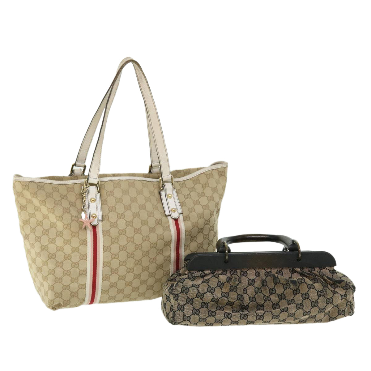 GUCCI GG Canvas Sherry Line Shoulder Bag 2Set Beige Navy Red Auth ti1193