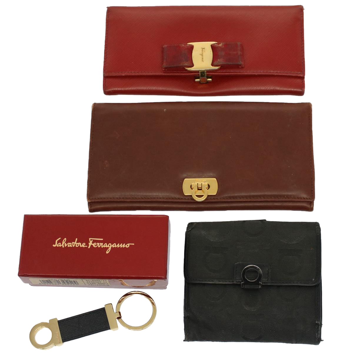 Salvatore Ferragamo Gancini Wallet Leather 4Set Red Black Auth ti1194