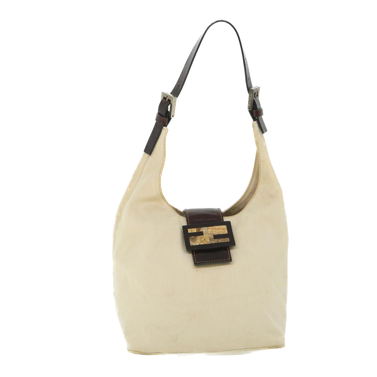 FENDI Mamma Baguette Shoulder Bag Canvas Leather Beige Brown Auth ti1234