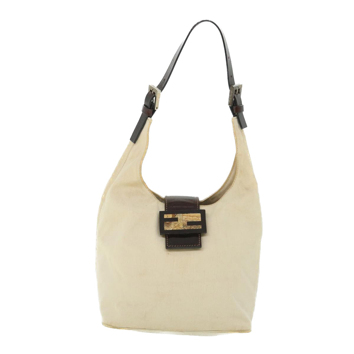 FENDI Mamma Baguette Shoulder Bag Canvas Leather Beige Brown Auth ti1234