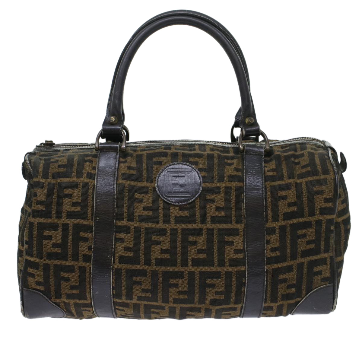 FENDI Zucca Canvas Boston Bag Leather Black Brown Auth ti1235