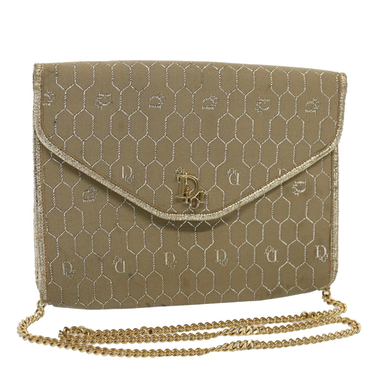 Christian Dior Honeycomb Canvas Chain Shoulder Bag Beige Auth ti1244