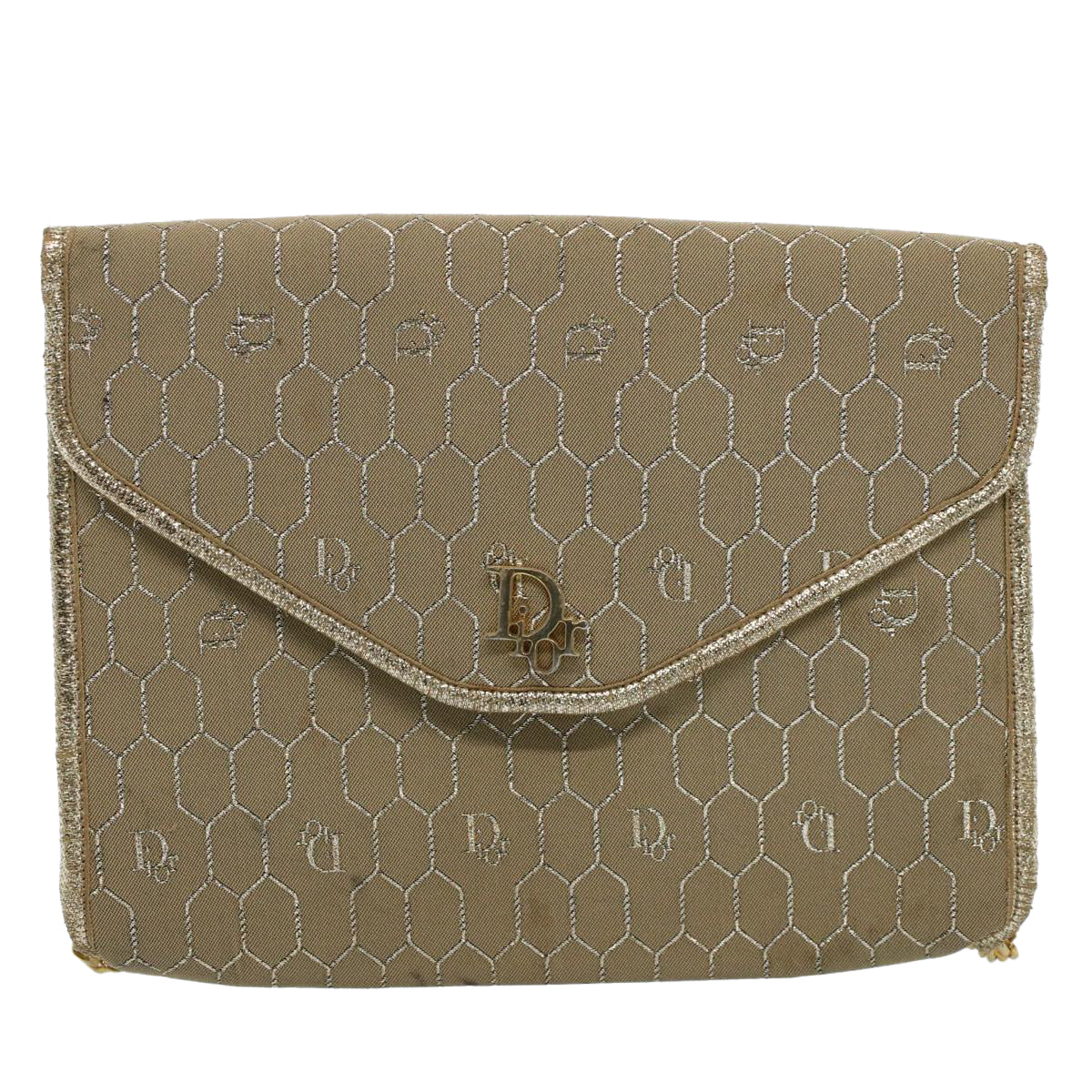 Christian Dior Honeycomb Canvas Chain Shoulder Bag Beige Auth ti1244