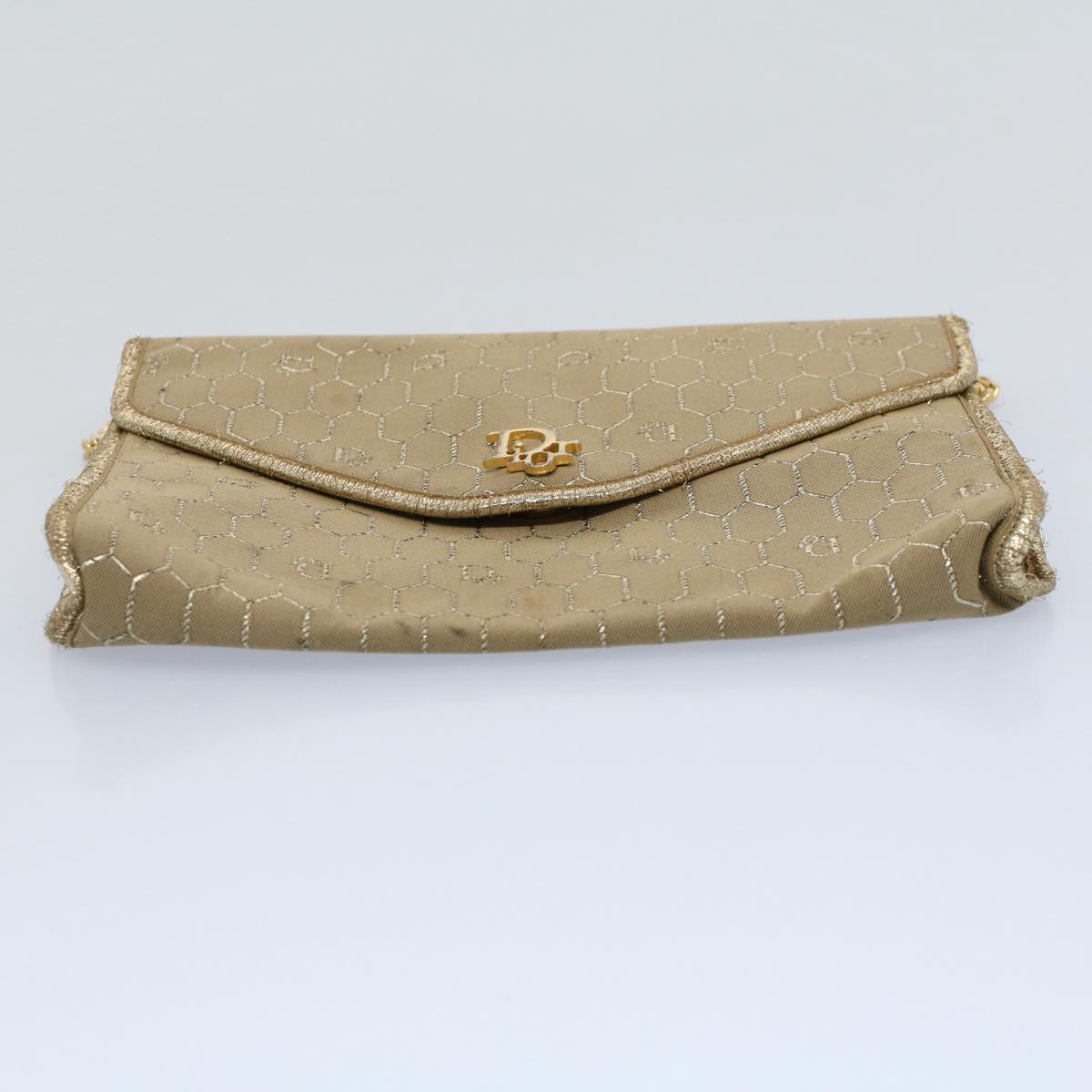 Christian Dior Honeycomb Canvas Chain Shoulder Bag Beige Auth ti1244