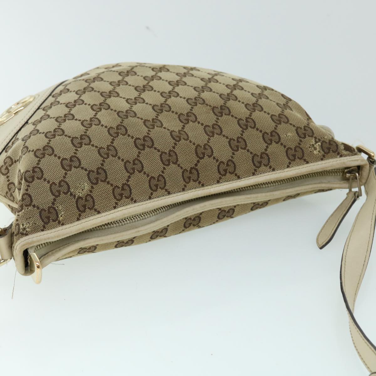 GUCCI GG Canvas Shoulder Bag Leather Beige 169998 Auth ti1248