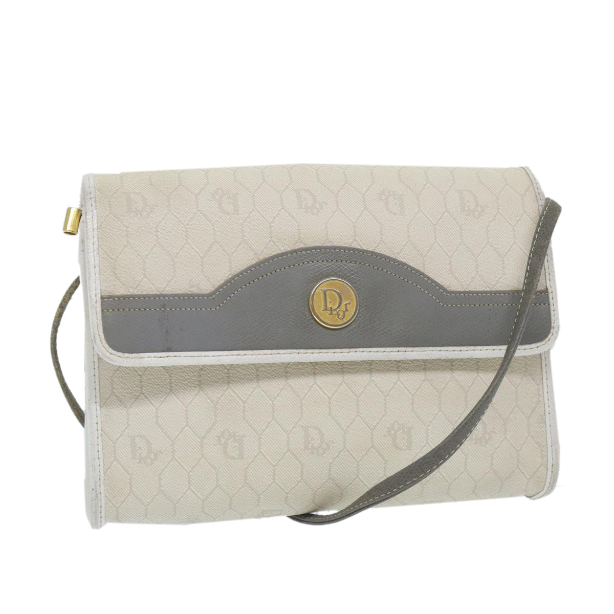 Christian Dior Honeycomb Canvas Shoulder Bag PVC Leather White Auth ti1267