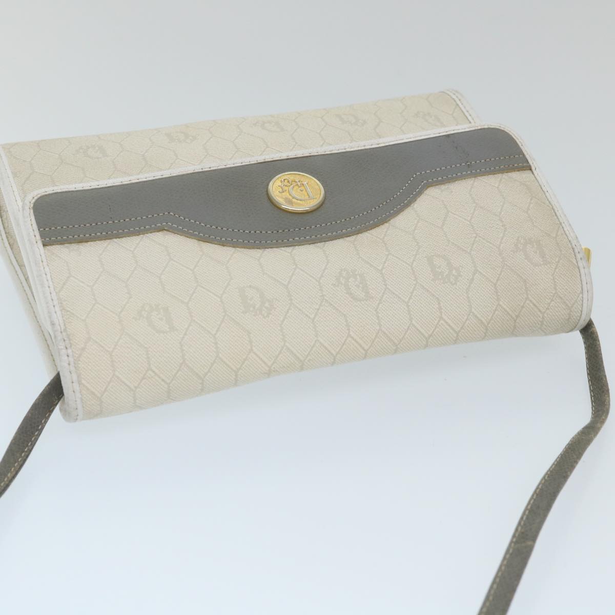 Christian Dior Honeycomb Canvas Shoulder Bag PVC Leather White Auth ti1267