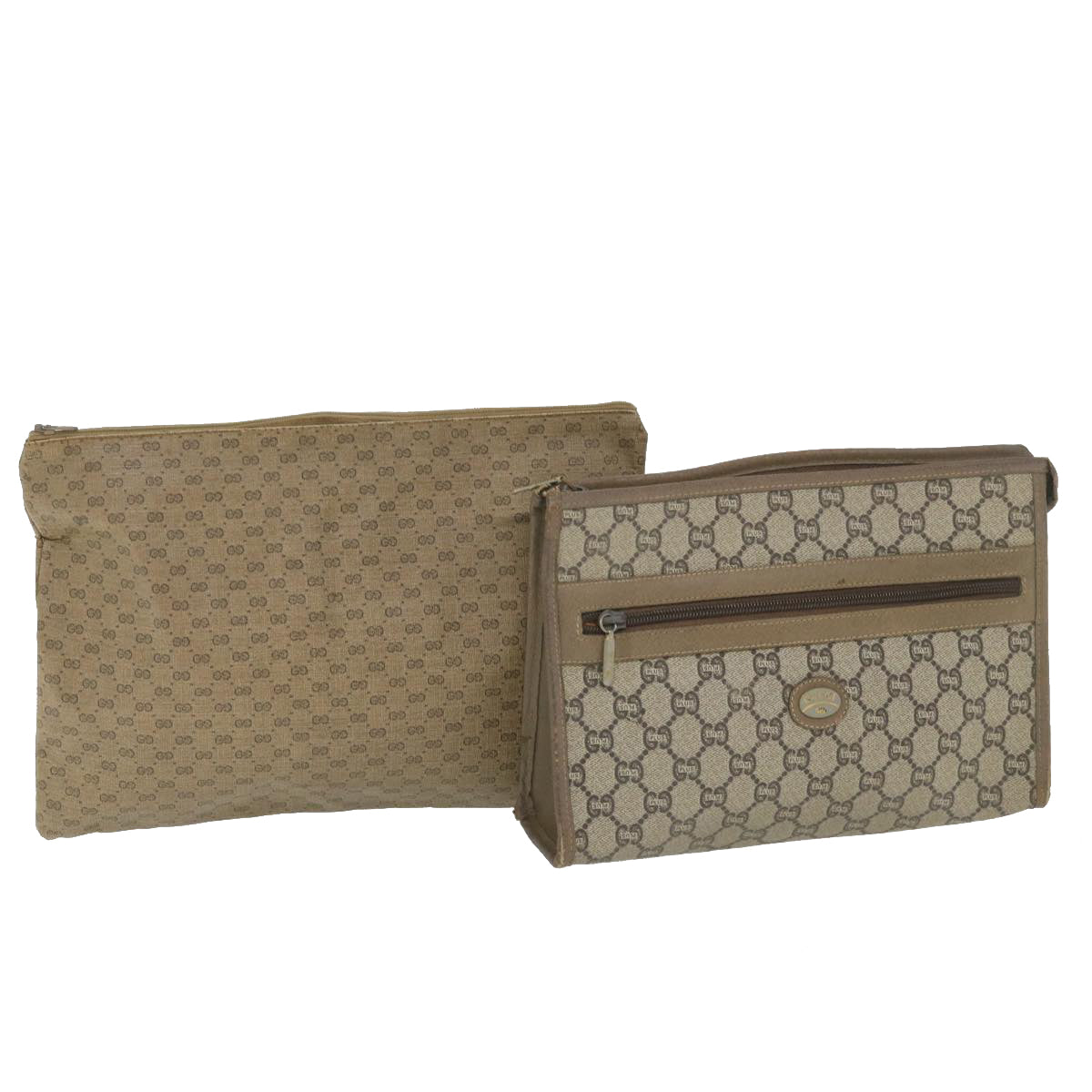 GUCCI GG PLUS Canvas Clutch Bag PVC Leather 2Set Beige Auth ti1279