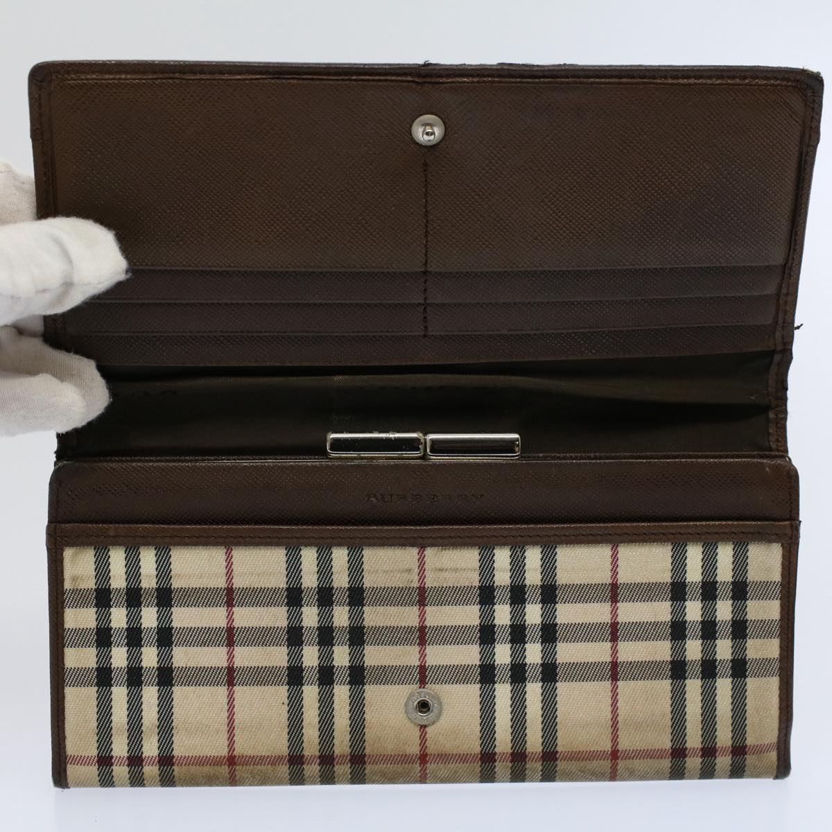 BURBERRY Nova Check Wallet Leather nylon 8Set Beige Red Auth ti1344